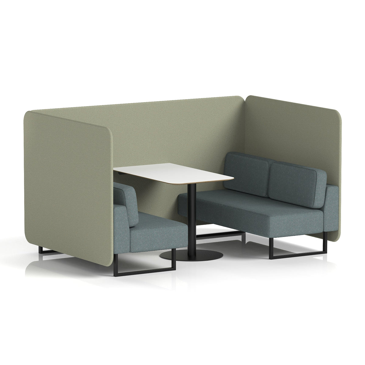 Commercial 4 Seater Privacy Booth – Bench with White Table – Two Tone – Crib 5 Main Line Flax - Newbury Panels And Westminster Sofa Black - Industrious Decor