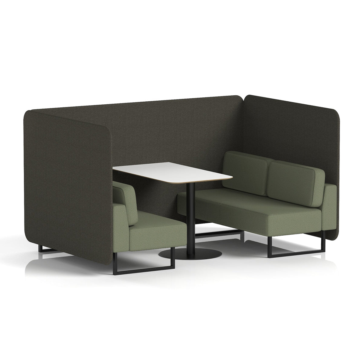 Commercial 4 Seater Privacy Booth – Bench with White Table – Two Tone – Crib 5 Main Line Flax - Temple Panels And Monument Sofa Black - Industrious Decor