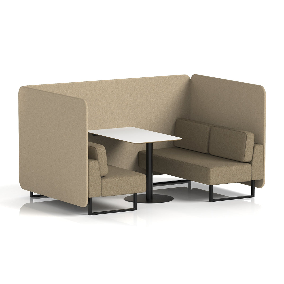 Commercial 4 Seater Privacy Booth – Bench with White Table – Two Tone – Crib 5 Main Line Flax - Upminster Panels And Bank Sofa Black - Industrious Decor