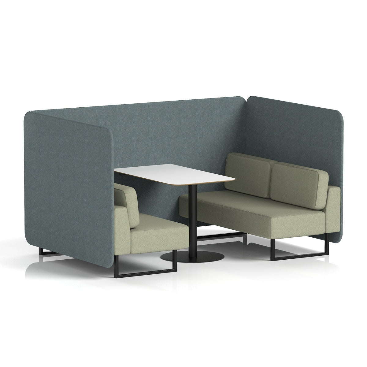 Commercial 4 Seater Privacy Booth – Bench with White Table – Two Tone – Crib 5 Main Line Flax - Westminster Panels And Newbury Sofa Black - Industrious Decor