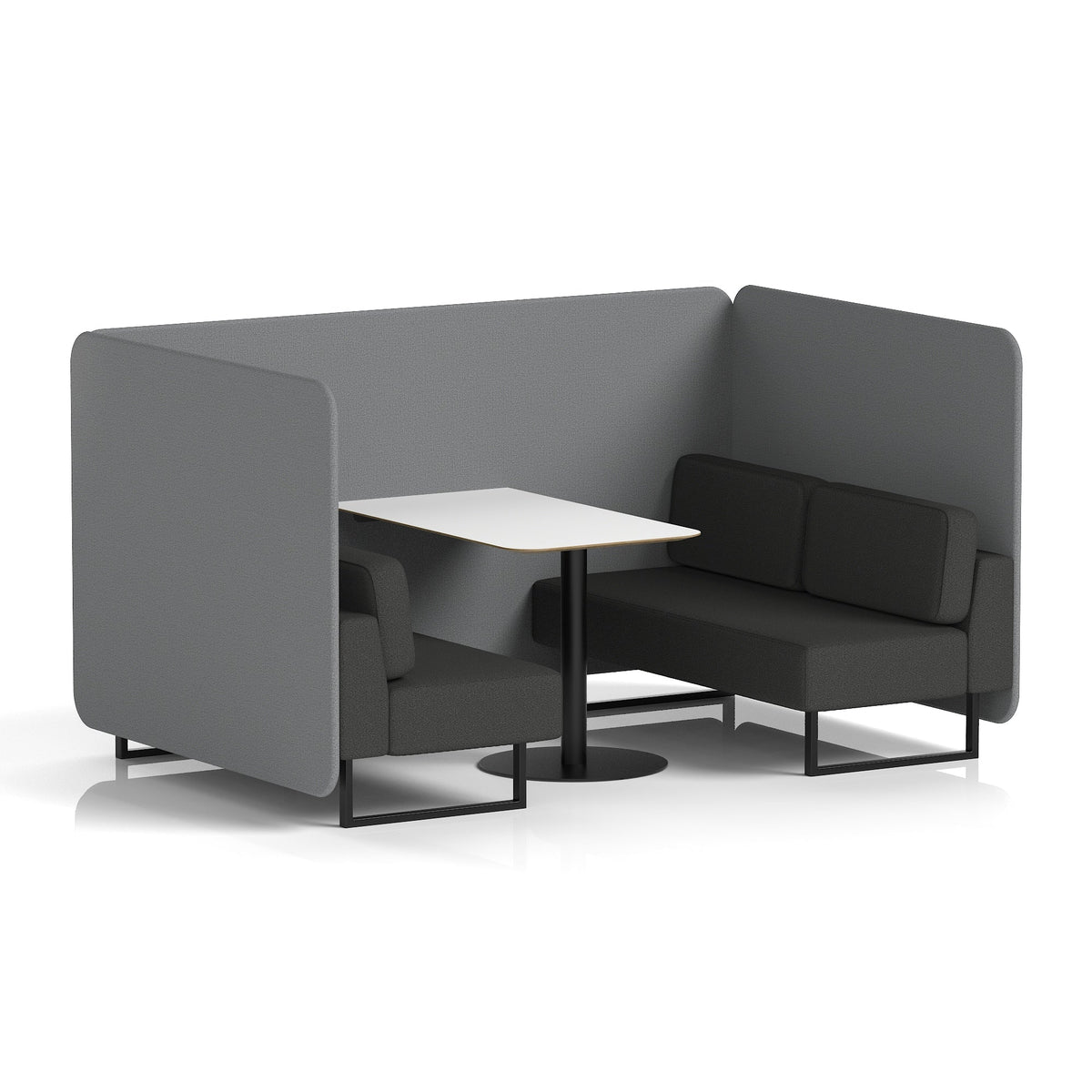 Commercial 4 Seater Privacy Booth – Bench with White Table – Two Tone – Crib 5 Synergy - Mix Panels And Partner Sofa Black - Industrious Decor