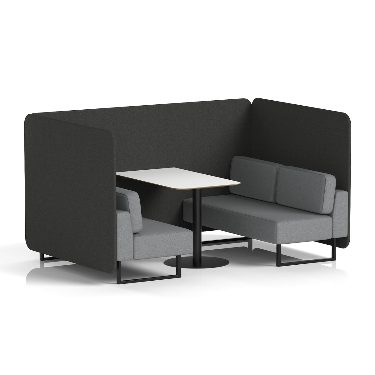 Commercial 4 Seater Privacy Booth – Bench with White Table – Two Tone – Crib 5 Synergy - Partner Panels And Mix Sofa Black - Industrious Decor
