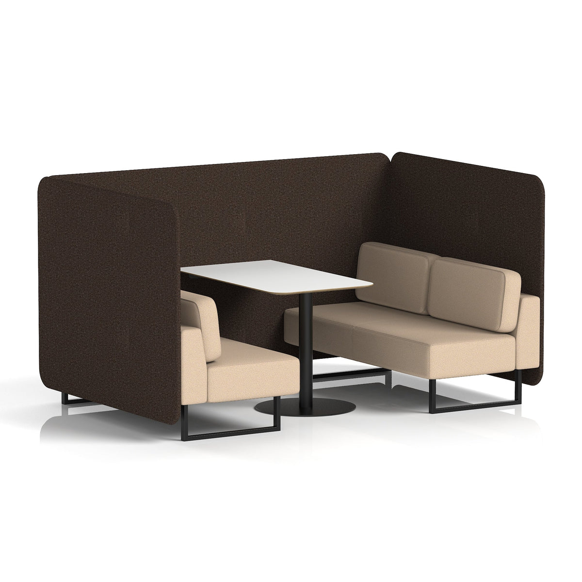 Commercial 4 Seater Privacy Booth – Bench with White Table – Two Tone – Crib 5 Synergy - Wed Panels And Affix Sofa Black - Industrious Decor