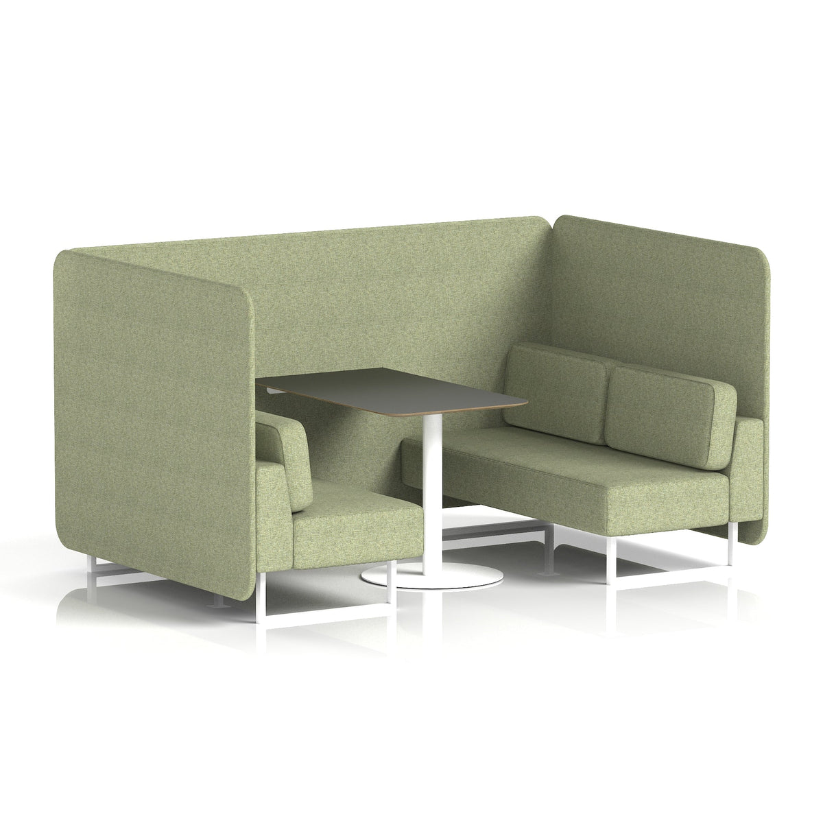 Commercial 4 Seater Privacy Booth – Bench with Black Table – Single Tone – Crib 5 Rivet - Burnish Panels And Sofa White - Industrious Decor