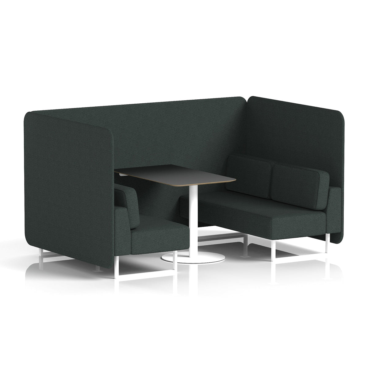 Commercial 4 Seater Privacy Booth – Bench with Black Table – Single Tone – Crib 5 Rivet - Charcoal Panels And Sofa White - Industrious Decor