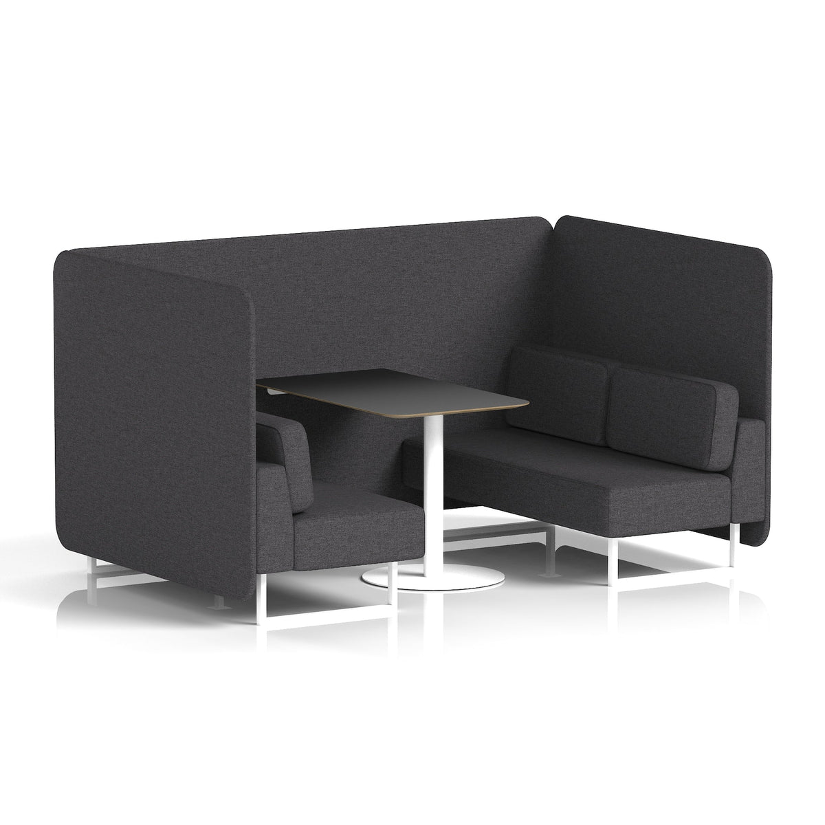Commercial 4 Seater Privacy Booth – Bench with Black Table – Single Tone – Crib 5 X2 - Arithmetic Panels And Sofa White - Industrious Decor