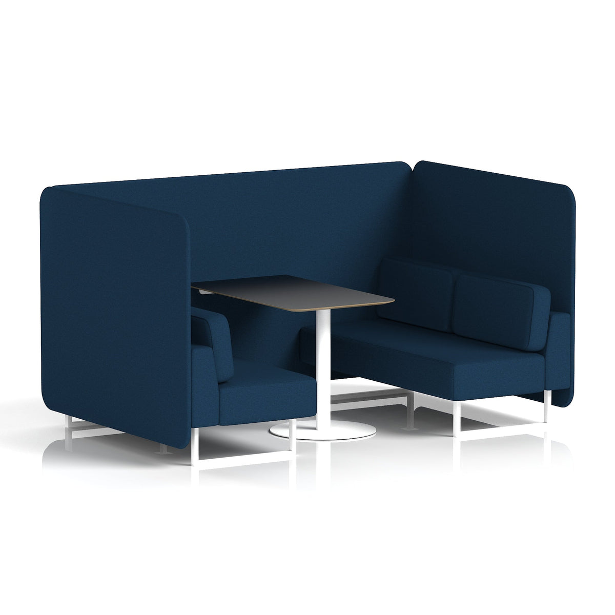 Commercial 4 Seater Privacy Booth – Bench with Black Table – Single Tone – Crib 5 X2 - Calculus Panels And Sofa White - Industrious Decor