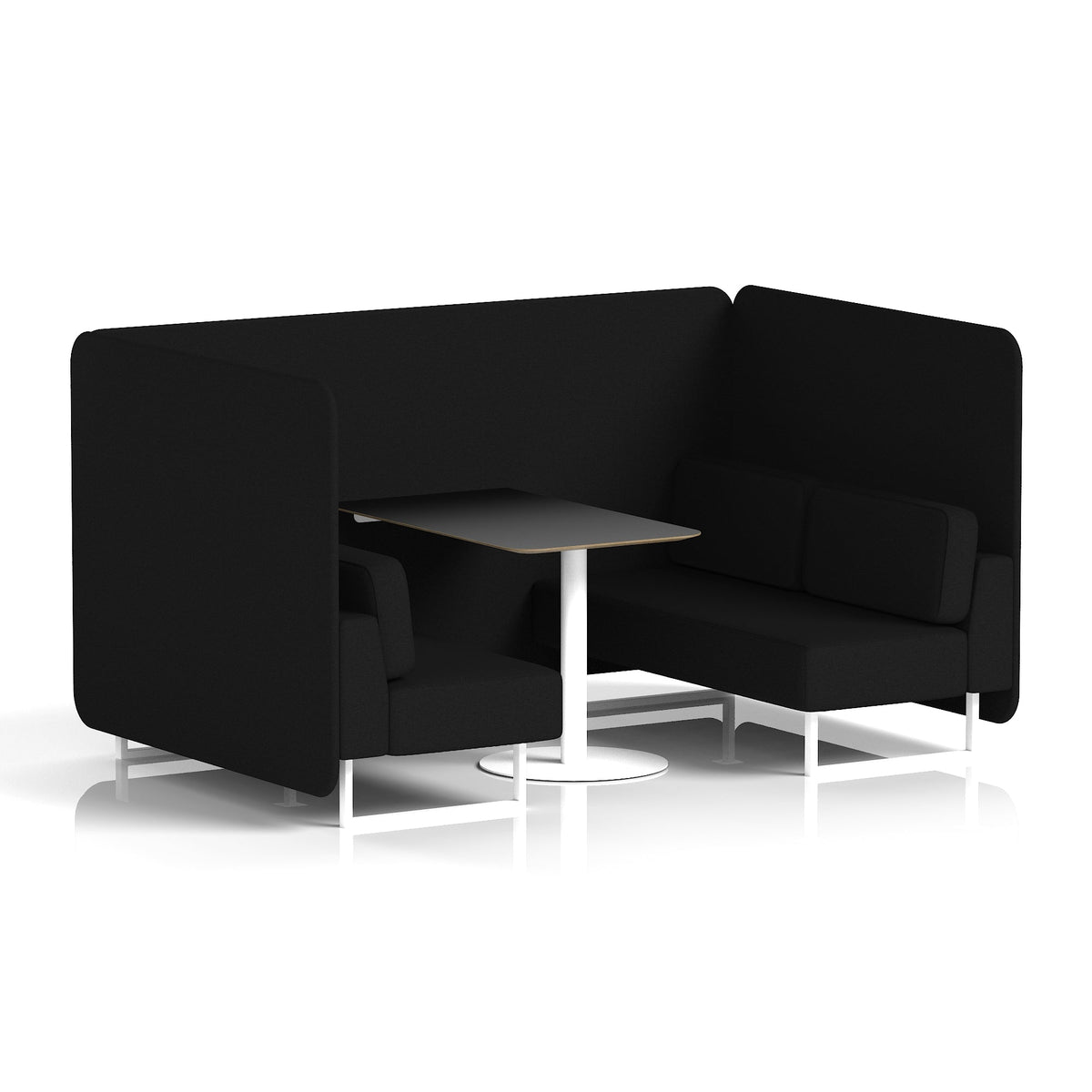 Commercial 4 Seater Privacy Booth – Bench with Black Table – Single Tone – Crib 5 X2 - Diameter Panels And Sofa White - Industrious Decor