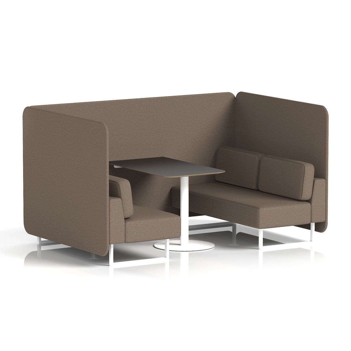 Commercial 4 Seater Privacy Booth – Bench with Black Table – Single Tone – Crib 5 X2 - Theory Panels And Sofa White - Industrious Decor