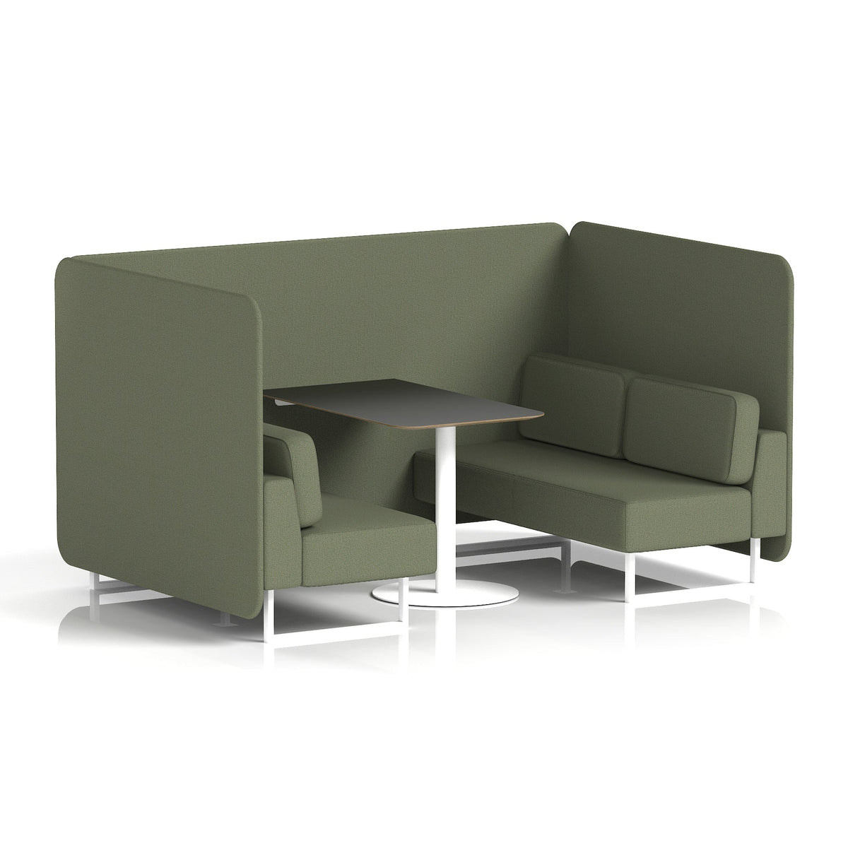 Commercial 4 Seater Privacy Booth – Bench with Black Table – Single Tone – Crib 5 Main Line Flax - Monument Panels And Sofa White - Industrious Decor