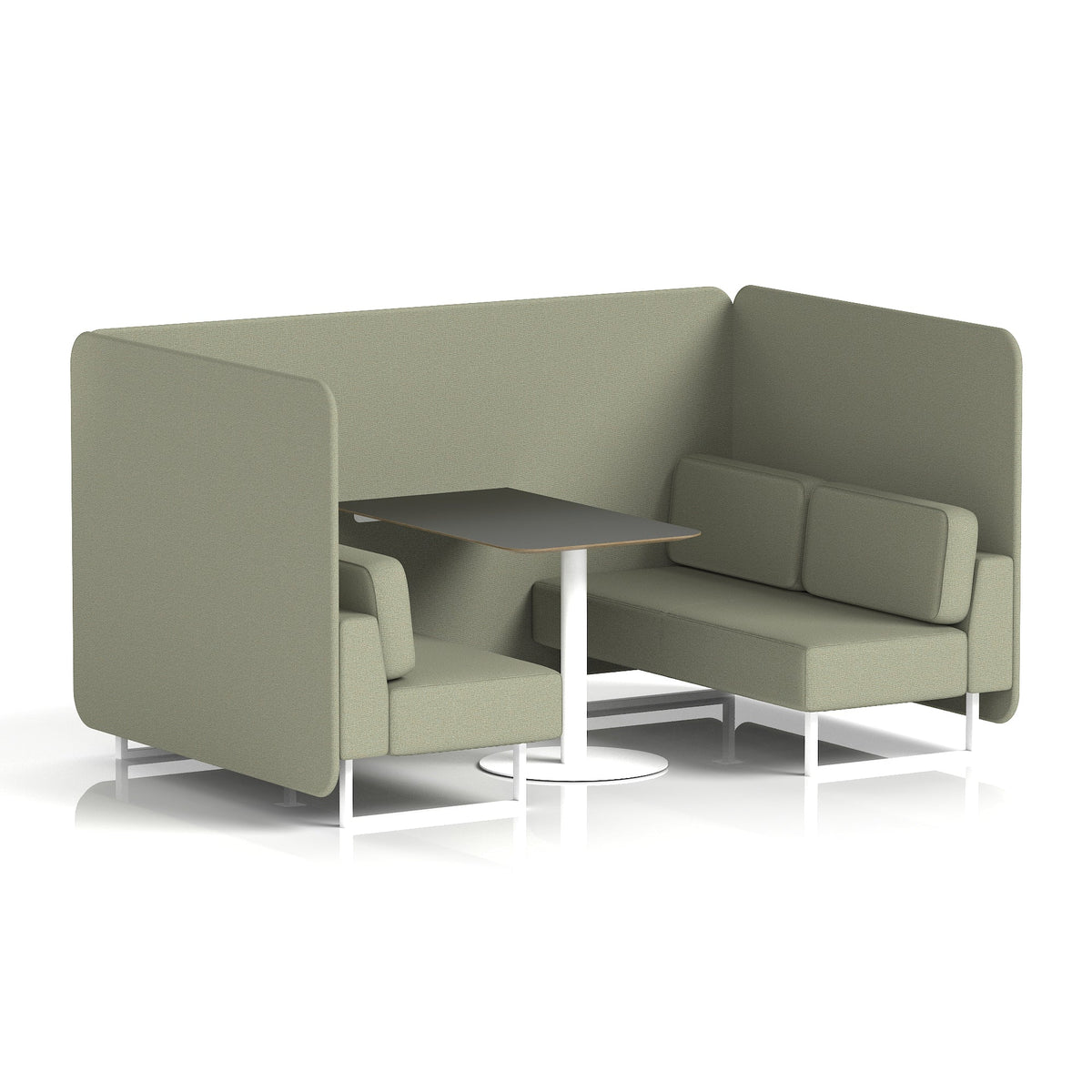 Commercial 4 Seater Privacy Booth – Bench with Black Table – Single Tone – Crib 5 Main Line Flax - Newbury Panels And Sofa White - Industrious Decor
