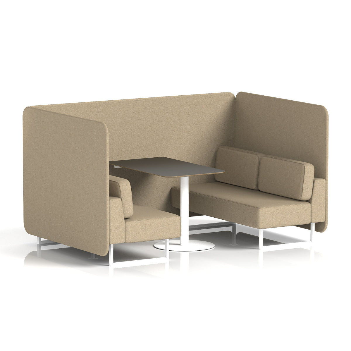 Commercial 4 Seater Privacy Booth – Bench with Black Table – Single Tone – Crib 5 Main Line Flax - Upminster Panels And Sofa White - Industrious Decor