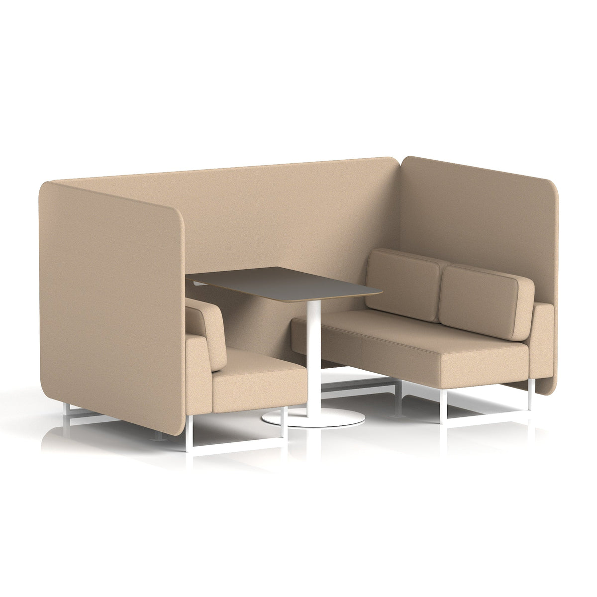 Commercial 4 Seater Privacy Booth – Bench with Black Table – Single Tone – Crib 5 Synergy - Affix Panels And Sofa White - Industrious Decor