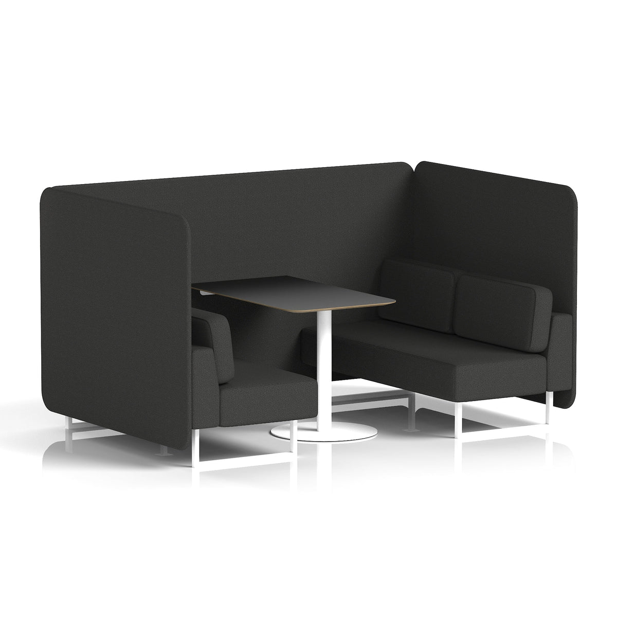 Commercial 4 Seater Privacy Booth – Bench with Black Table – Single Tone – Crib 5 Synergy - Mix Panels And Sofa White - Industrious Decor