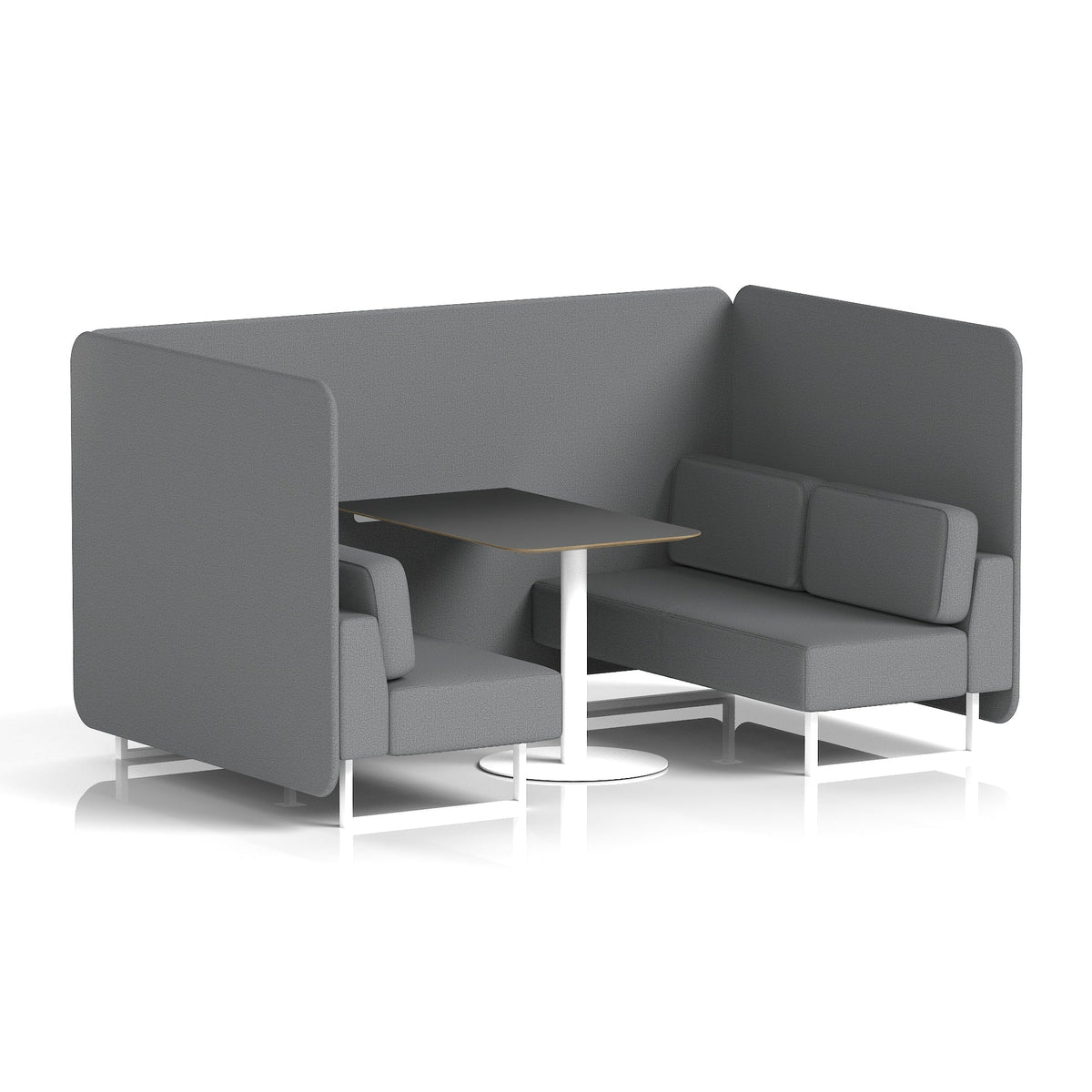 Commercial 4 Seater Privacy Booth – Bench with Black Table – Single Tone – Crib 5 Synergy - Partner Panels And Sofa White - Industrious Decor