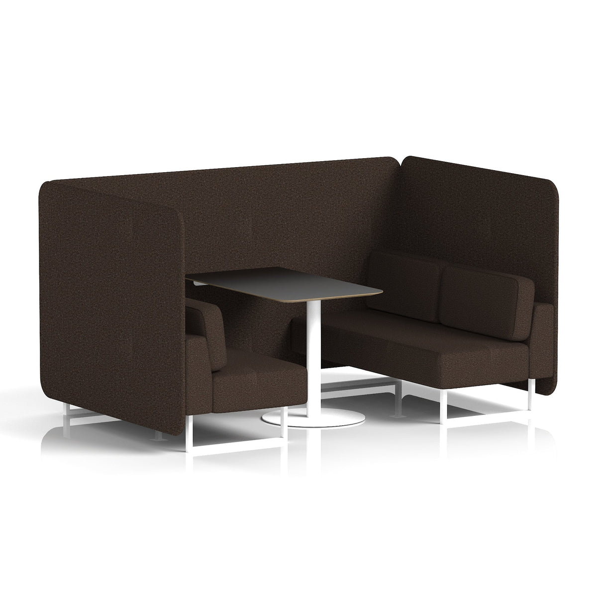 Commercial 4 Seater Privacy Booth – Bench with Black Table – Single Tone – Crib 5 Synergy - Wed Panels And Sofa White - Industrious Decor