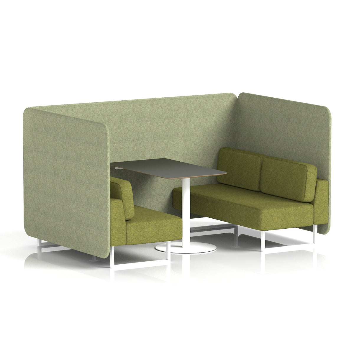 Commercial 4 Seater Privacy Booth – Bench with Black Table – Two Tone – Crib 5 Rivet - Burnish Panels And Olive Sofa White - Industrious Decor