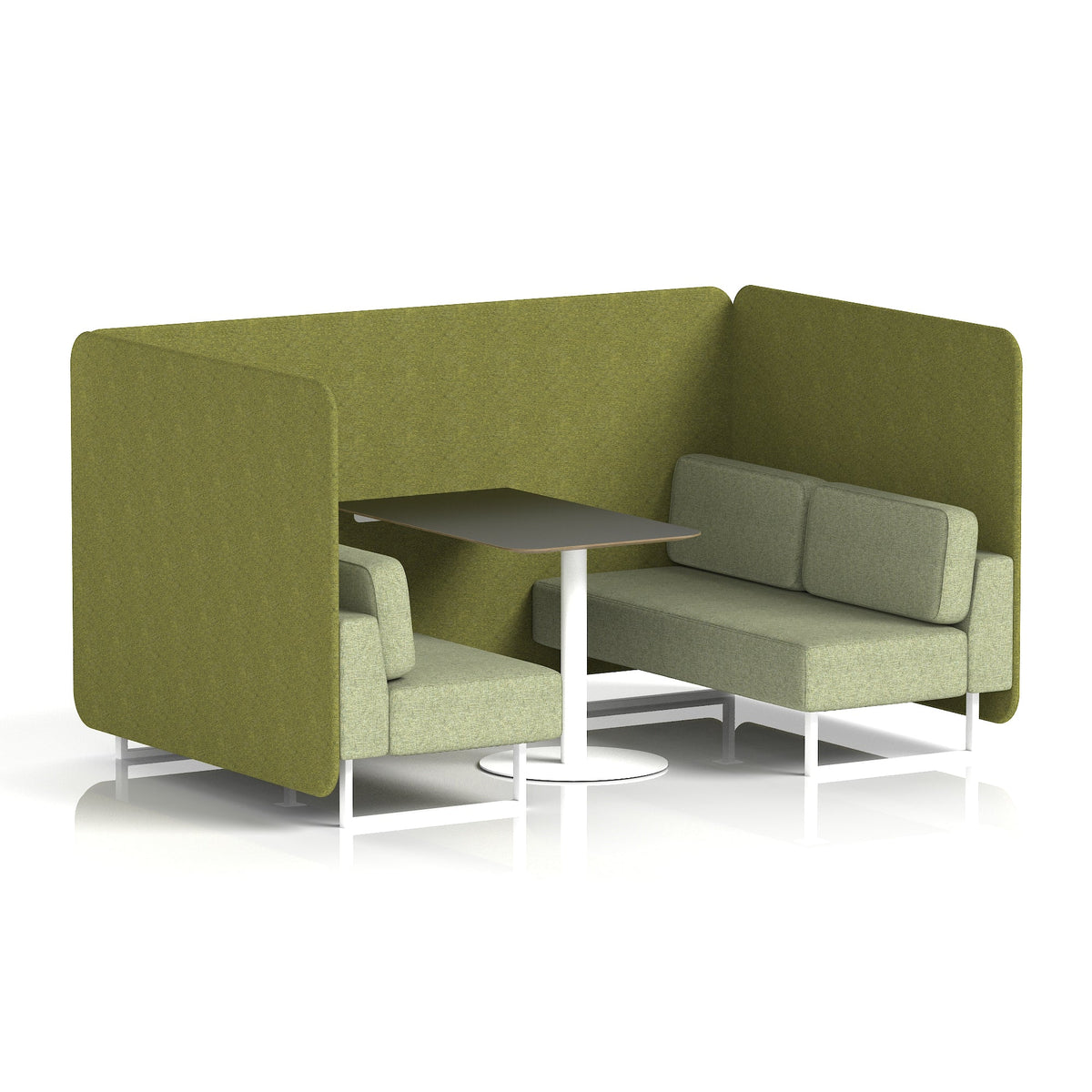 Commercial 4 Seater Privacy Booth – Bench with Black Table – Two Tone – Crib 5 Rivet - Olive Panels And Burnish Sofa White - Industrious Decor