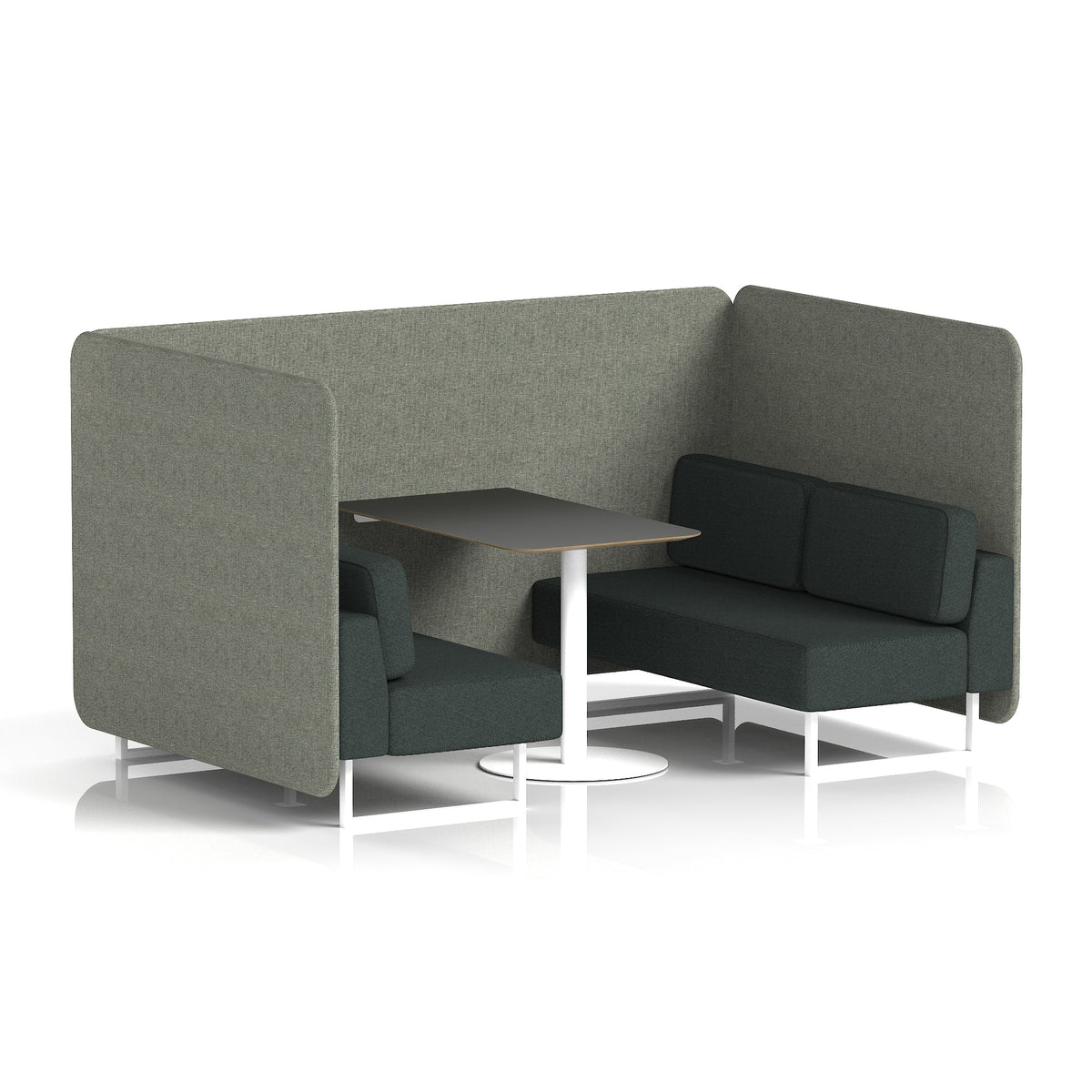 Commercial 4 Seater Privacy Booth – Bench with Black Table – Two Tone – Crib 5 Rivet - Vitreous Panels And Charcoal Sofa White - Industrious Decor