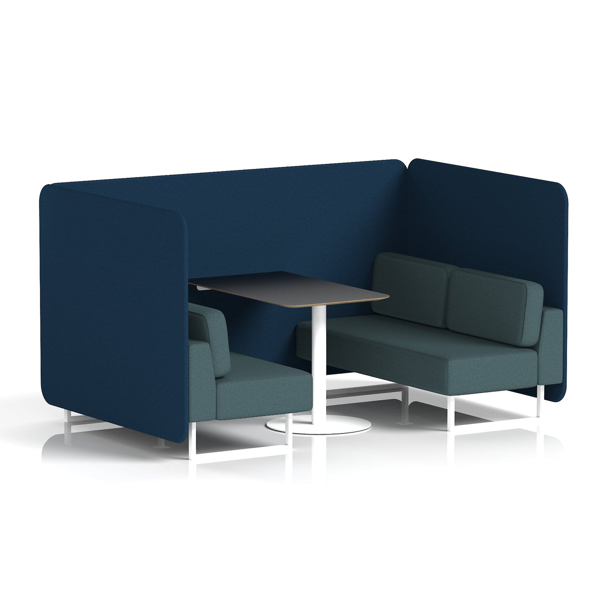 Commercial 4 Seater Privacy Booth – Bench with Black Table – Two Tone – Crib 5 X2 - Calculus Panels And Polygon Sofa White - Industrious Decor