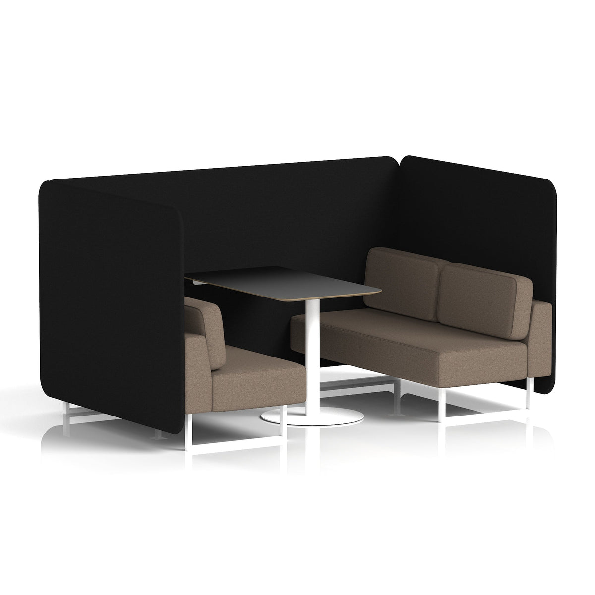Commercial 4 Seater Privacy Booth – Bench with Black Table – Two Tone – Crib 5 X2 - Diameter Panels And Theory Sofa White - Industrious Decor