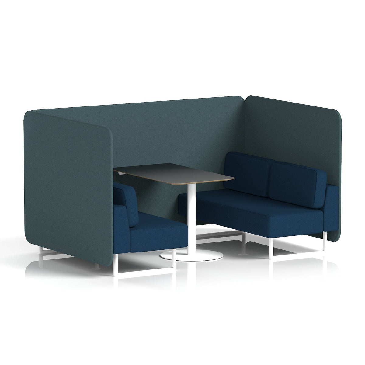 Commercial 4 Seater Privacy Booth – Bench with Black Table – Two Tone – Crib 5 X2 - Polygon Panels And Calculus Sofa White - Industrious Decor