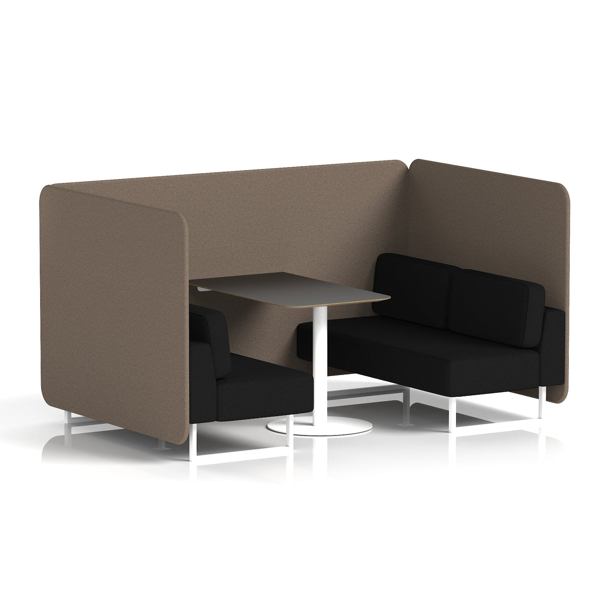 Commercial 4 Seater Privacy Booth – Bench with Black Table – Two Tone – Crib 5 X2 - Theory Panels And Diameter Sofa White - Industrious Decor