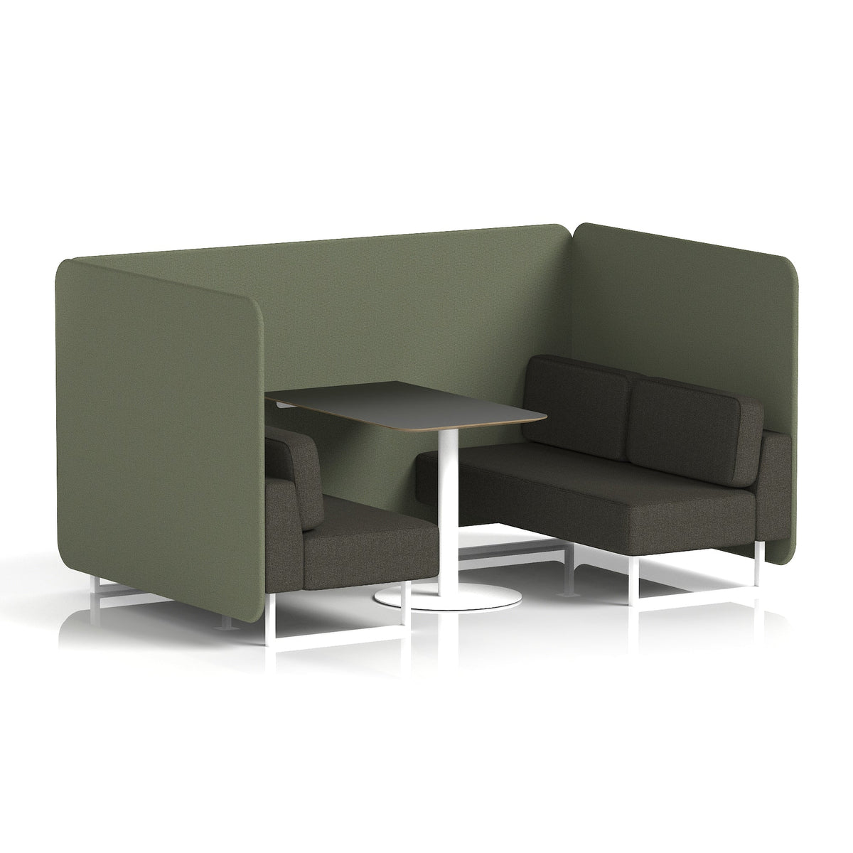 Commercial 4 Seater Privacy Booth – Bench with Black Table – Two Tone – Crib 5 Main Line Flax - Monument Panels And Temple Sofa White - Industrious Decor