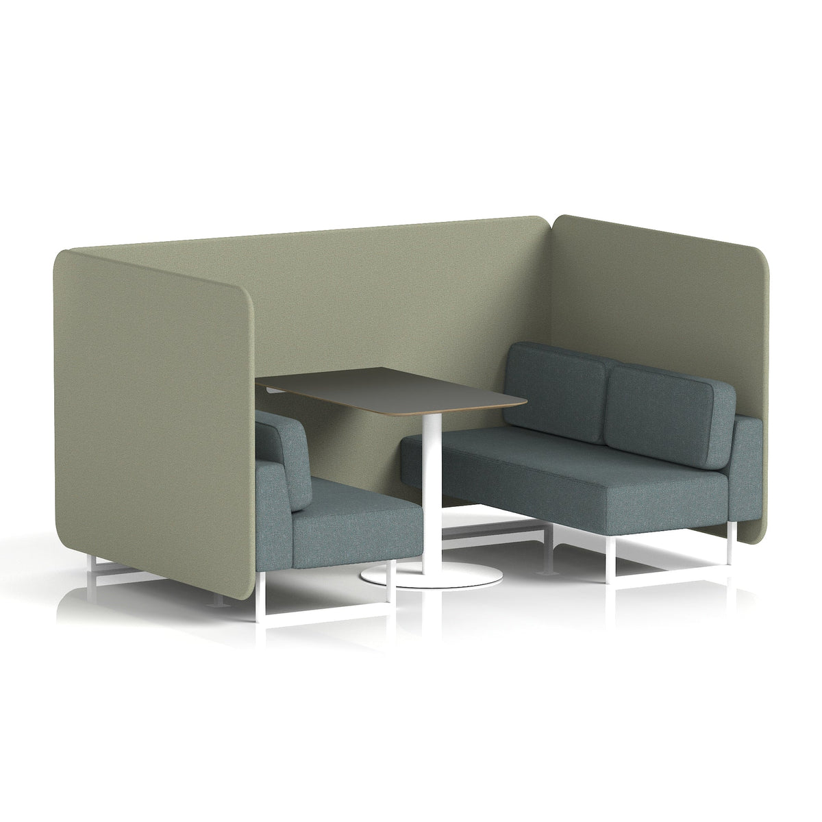 Commercial 4 Seater Privacy Booth – Bench with Black Table – Two Tone – Crib 5 Main Line Flax - Newbury Panels And Westminster Sofa White - Industrious Decor