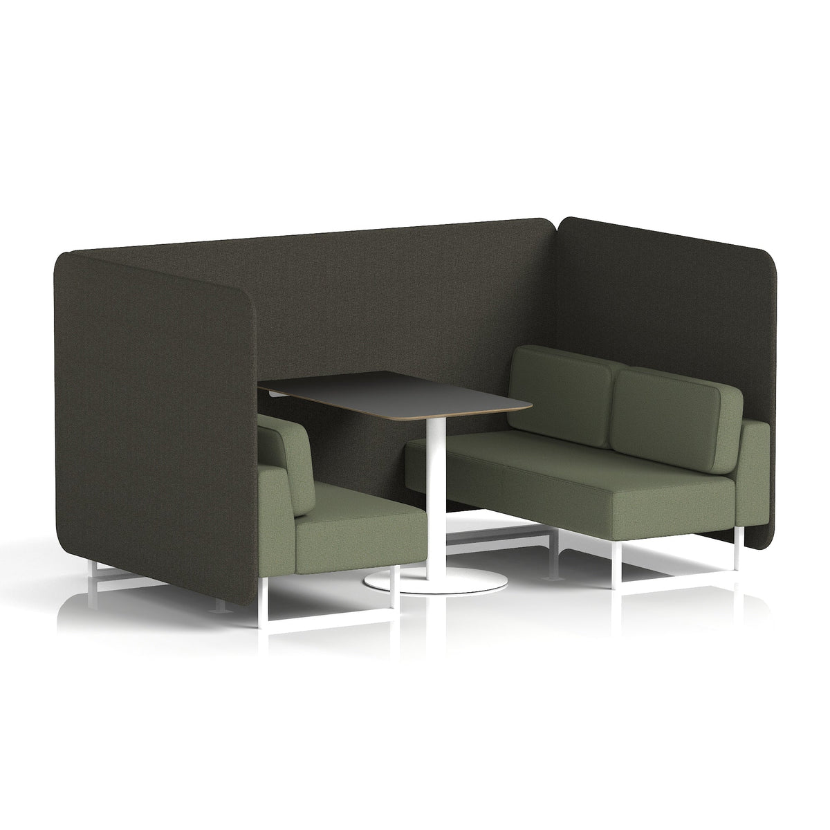 Commercial 4 Seater Privacy Booth – Bench with Black Table – Two Tone – Crib 5 Main Line Flax - Temple Panels And Monument Sofa White - Industrious Decor