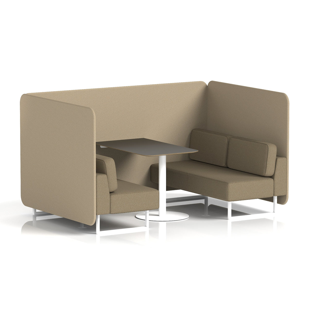 Commercial 4 Seater Privacy Booth – Bench with Black Table – Two Tone – Crib 5 Main Line Flax - Upminster Panels And Bank Sofa White - Industrious Decor
