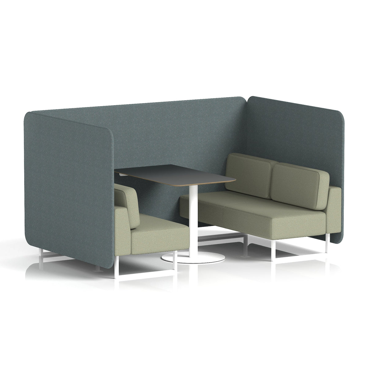 Commercial 4 Seater Privacy Booth – Bench with Black Table – Two Tone – Crib 5 Main Line Flax - Westminster Panels And Newbury Sofa White - Industrious Decor