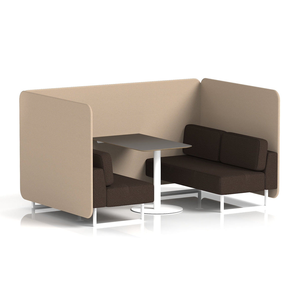 Commercial 4 Seater Privacy Booth – Bench with Black Table – Two Tone – Crib 5 Synergy - Affix Panels And Wed Sofa White - Industrious Decor