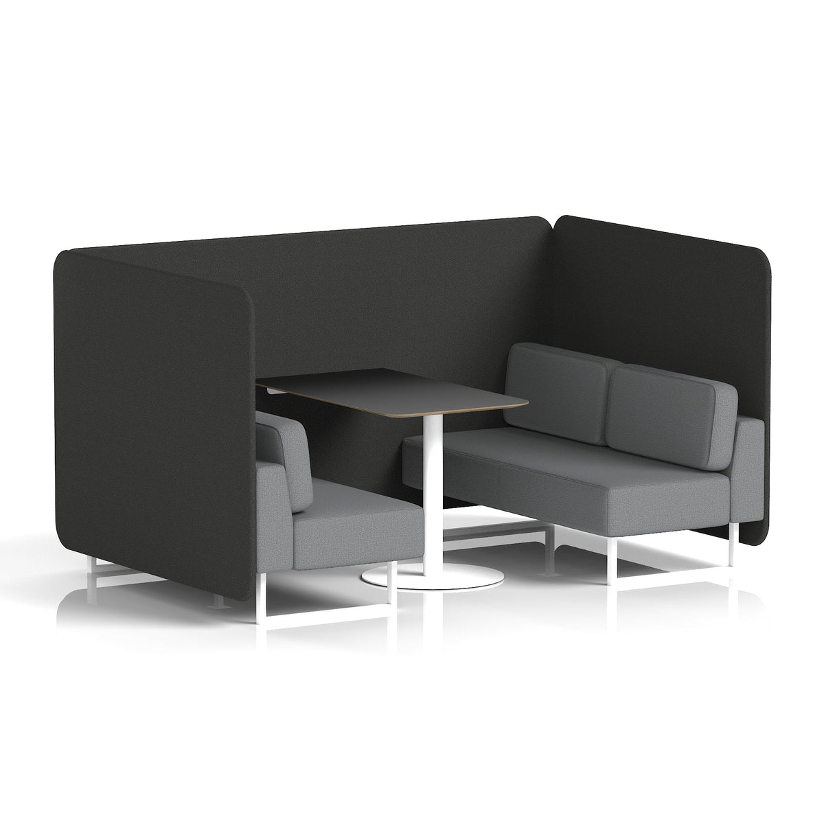Commercial 4 Seater Privacy Booth – Bench with Black Table – Two Tone – Crib 5 Synergy - Mix Panels And Partner Sofa White - Industrious Decor
