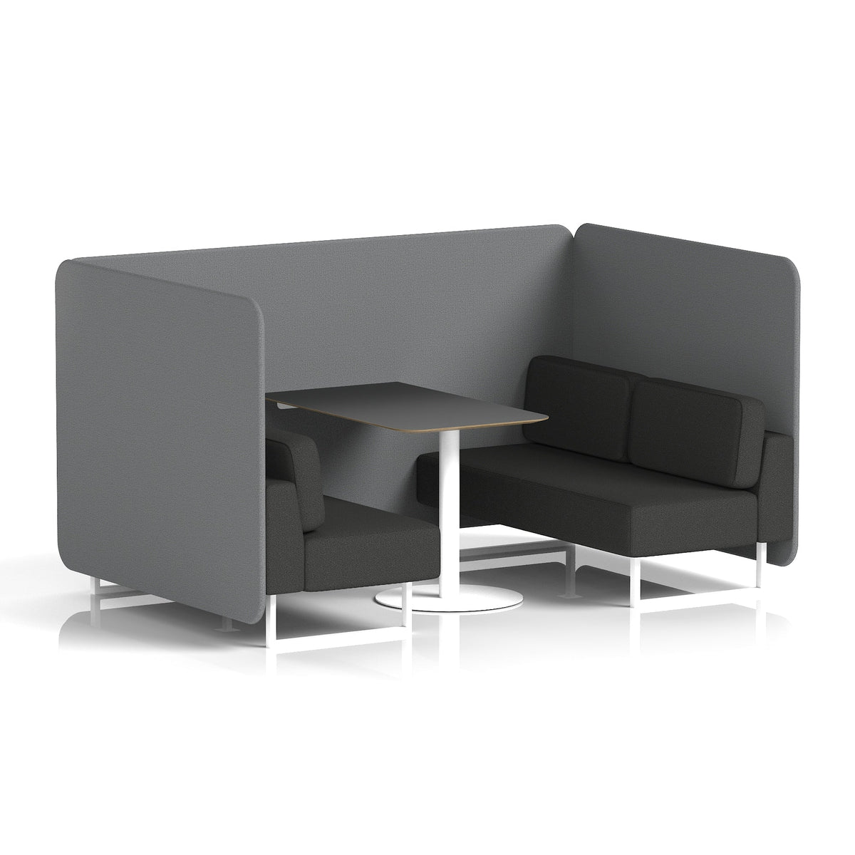 Commercial 4 Seater Privacy Booth – Bench with Black Table – Two Tone – Crib 5 Synergy - Partner Panels And Mix Sofa White - Industrious Decor
