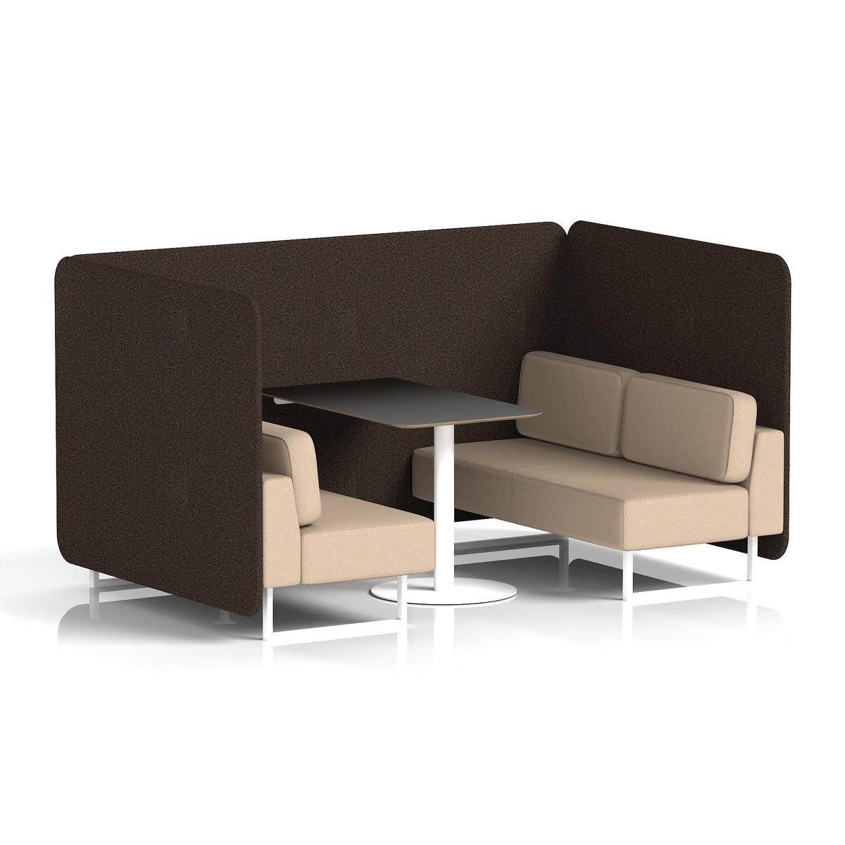Commercial 4 Seater Privacy Booth – Bench with Black Table – Two Tone – Crib 5 Synergy - Wed Panels And Affix Sofa White - Industrious Decor
