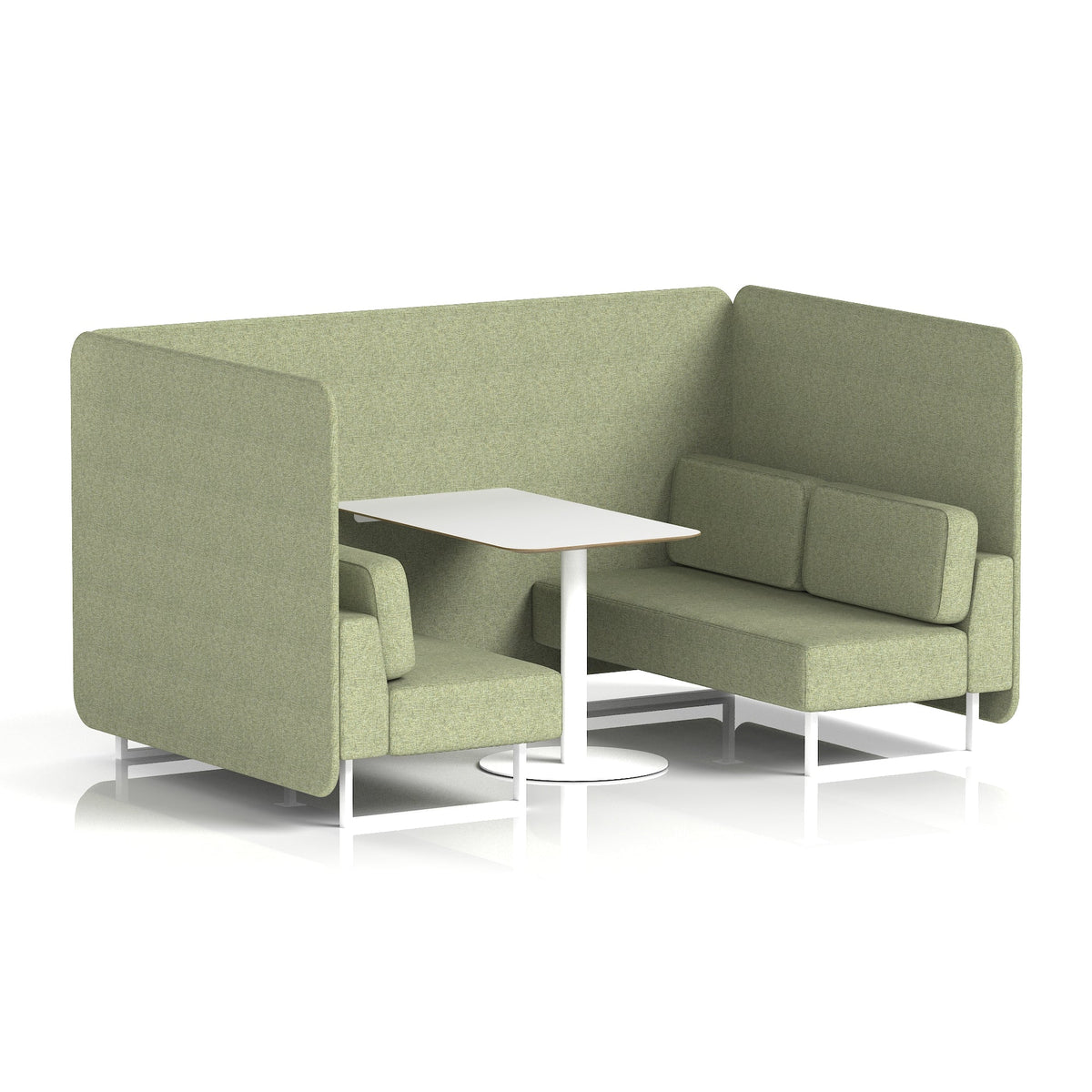 Commercial 4 Seater Privacy Booth – Bench with White Table – Single Tone – Crib 5 Rivet - Burnish Panels And Sofa White - Industrious Decor