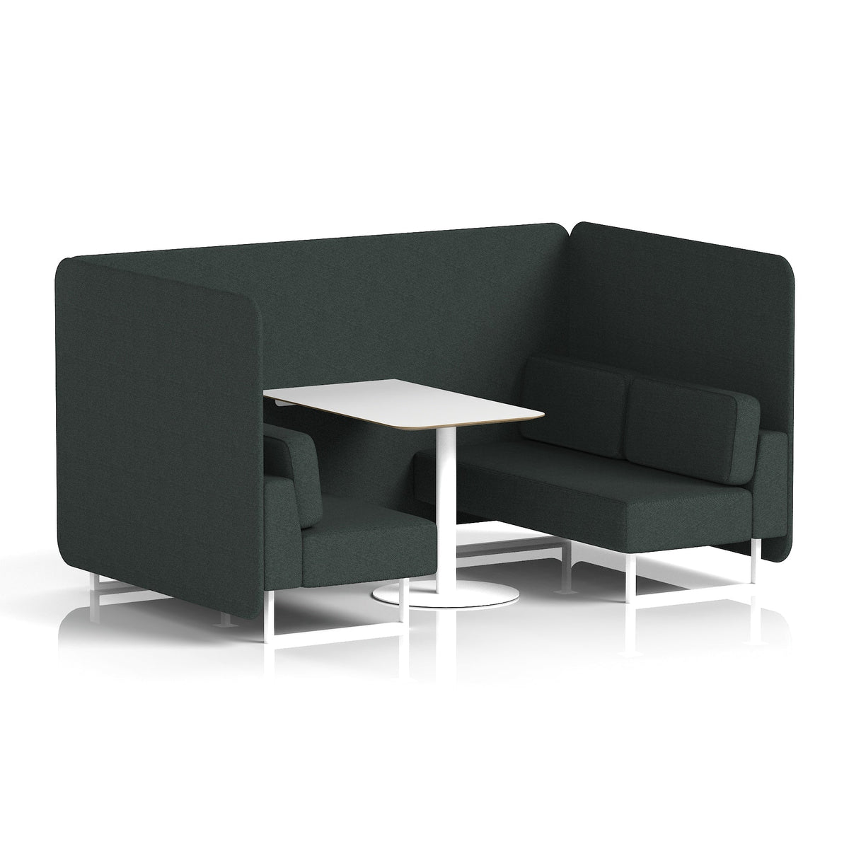 Commercial 4 Seater Privacy Booth – Bench with White Table – Single Tone – Crib 5 Rivet - Charcoal Panels And Sofa White - Industrious Decor