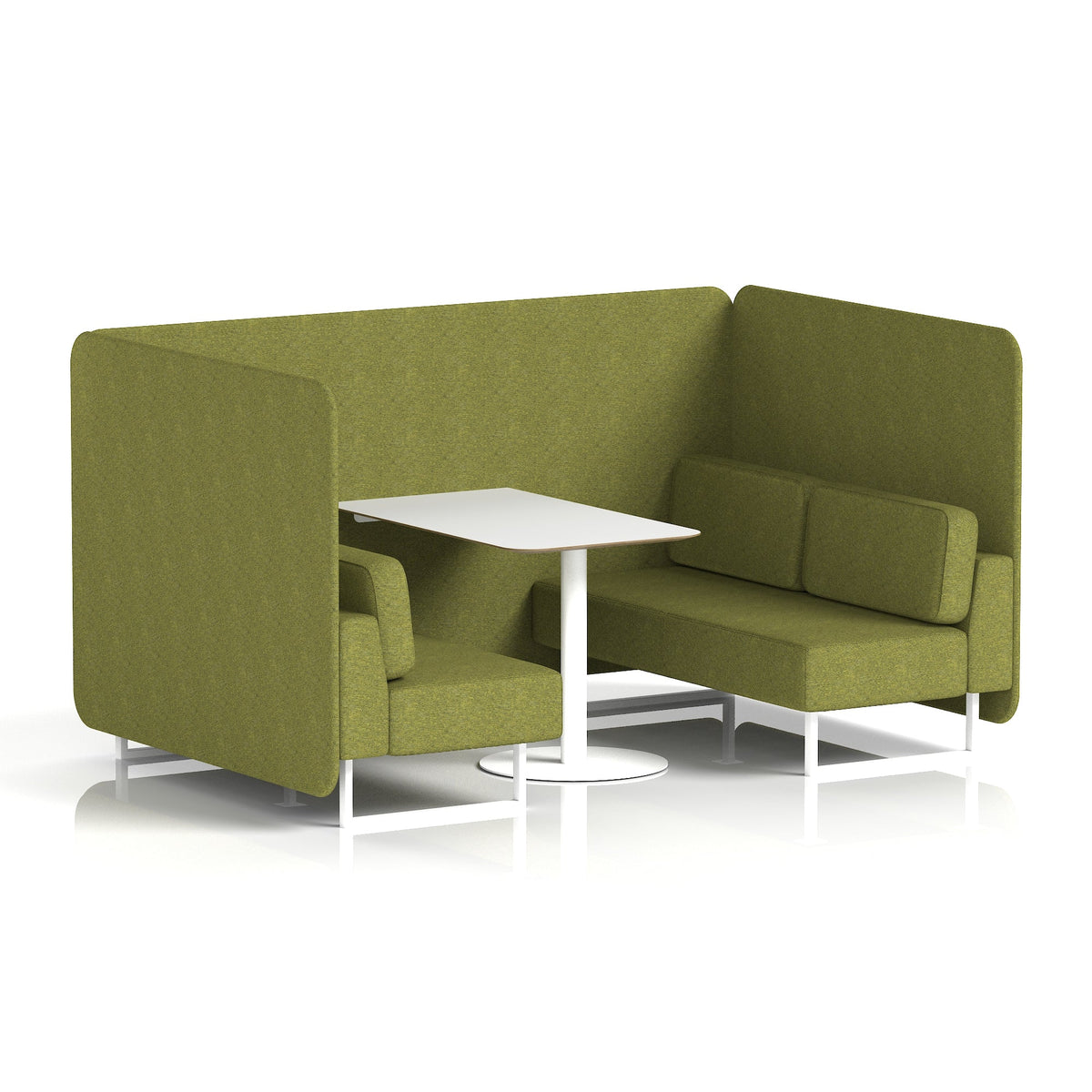 Commercial 4 Seater Privacy Booth – Bench with White Table – Single Tone – Crib 5 Rivet - Olive Panels And Sofa White - Industrious Decor