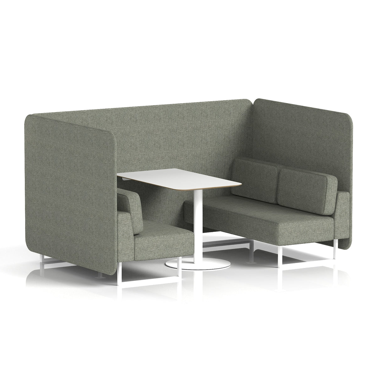 Commercial 4 Seater Privacy Booth – Bench with White Table – Single Tone – Crib 5 Rivet - Vitreous Panels And Sofa White - Industrious Decor