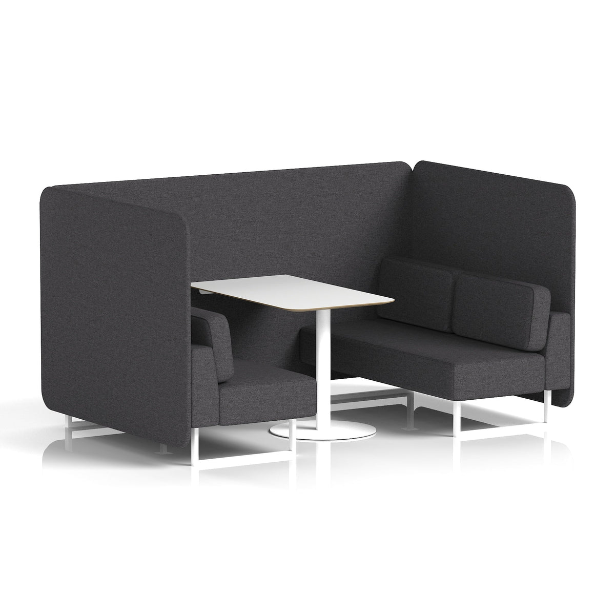 Commercial 4 Seater Privacy Booth – Bench with White Table – Single Tone – Crib 5 X2 - Arithmetic Panels And Sofa White - Industrious Decor