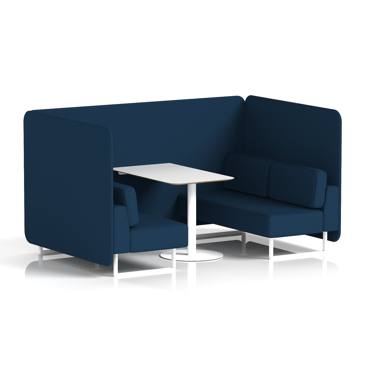 Commercial 4 Seater Privacy Booth – Bench with White Table – Single Tone – Crib 5 X2 - Calculus Panels And Sofa White - Industrious Decor