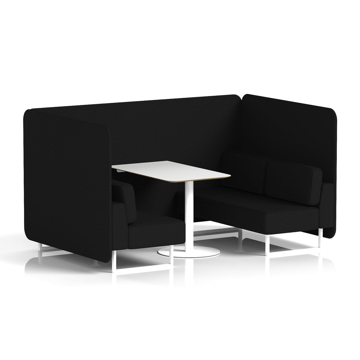 Commercial 4 Seater Privacy Booth – Bench with White Table – Single Tone – Crib 5 X2 - Diameter Panels And Sofa White - Industrious Decor