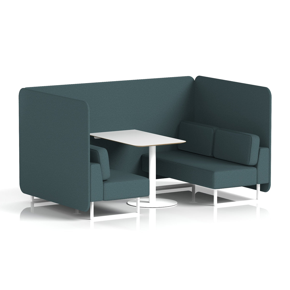 Commercial 4 Seater Privacy Booth – Bench with White Table – Single Tone – Crib 5 X2 - Polygon Panels And Sofa White - Industrious Decor