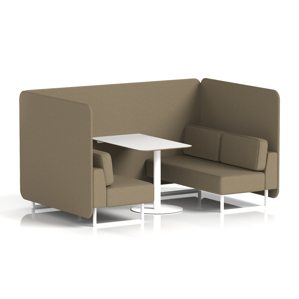 Commercial 4 Seater Privacy Booth – Bench with White Table – Single Tone – Crib 5 Main Line Flax - Bank Panels And Sofa White - Industrious Decor