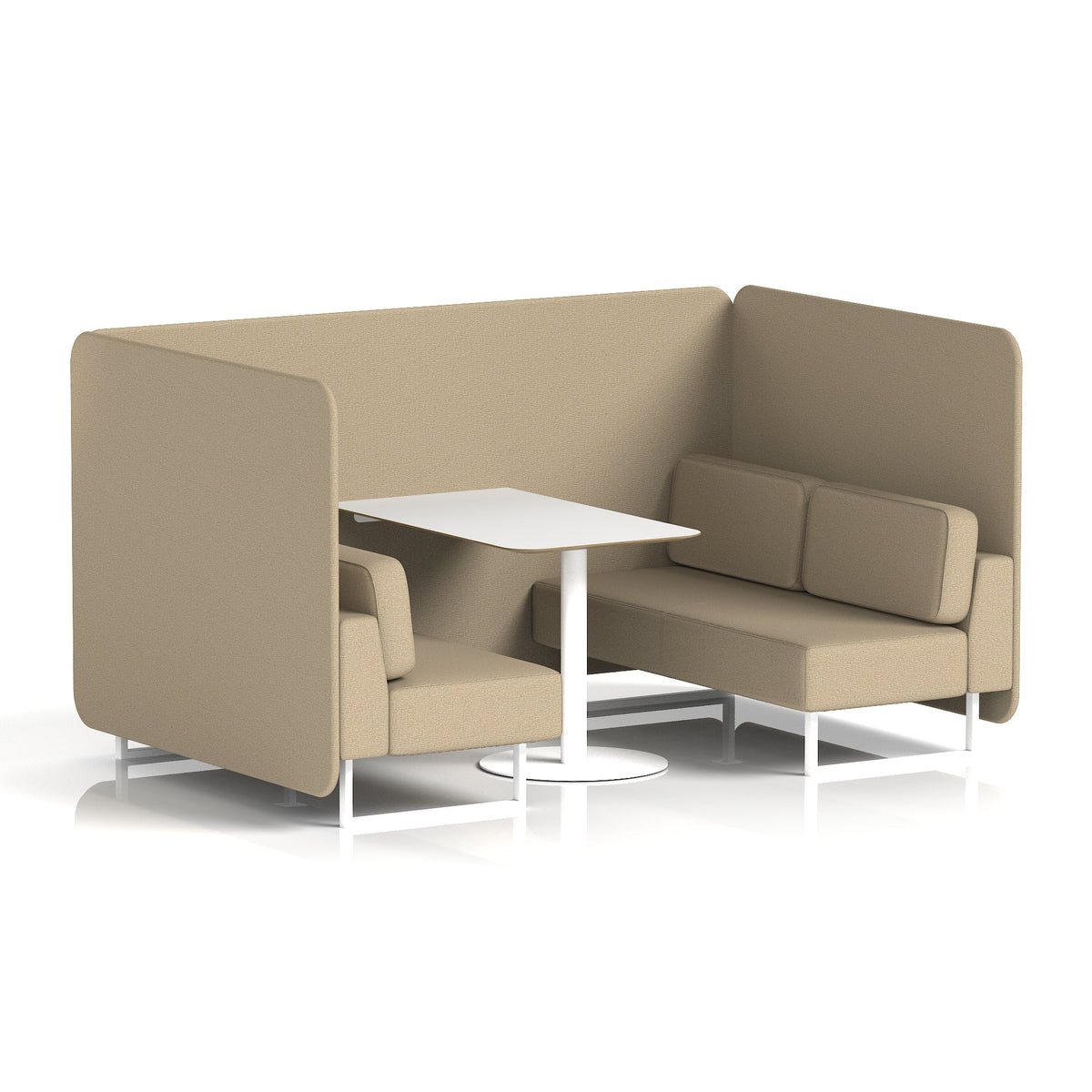 Commercial 4 Seater Privacy Booth – Bench with White Table – Single Tone – Crib 5 Main Line Flax - Upminster Panels And Sofa White - Industrious Decor