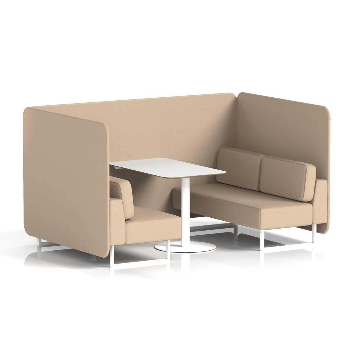 Commercial 4 Seater Privacy Booth – Bench with White Table – Single Tone – Crib 5 Synergy - Affix Panels And Sofa White - Industrious Decor
