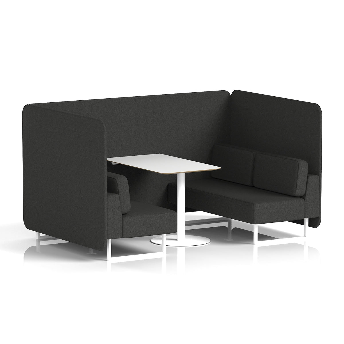 Commercial 4 Seater Privacy Booth – Bench with White Table – Single Tone – Crib 5 Synergy - Mix Panels And Sofa White - Industrious Decor