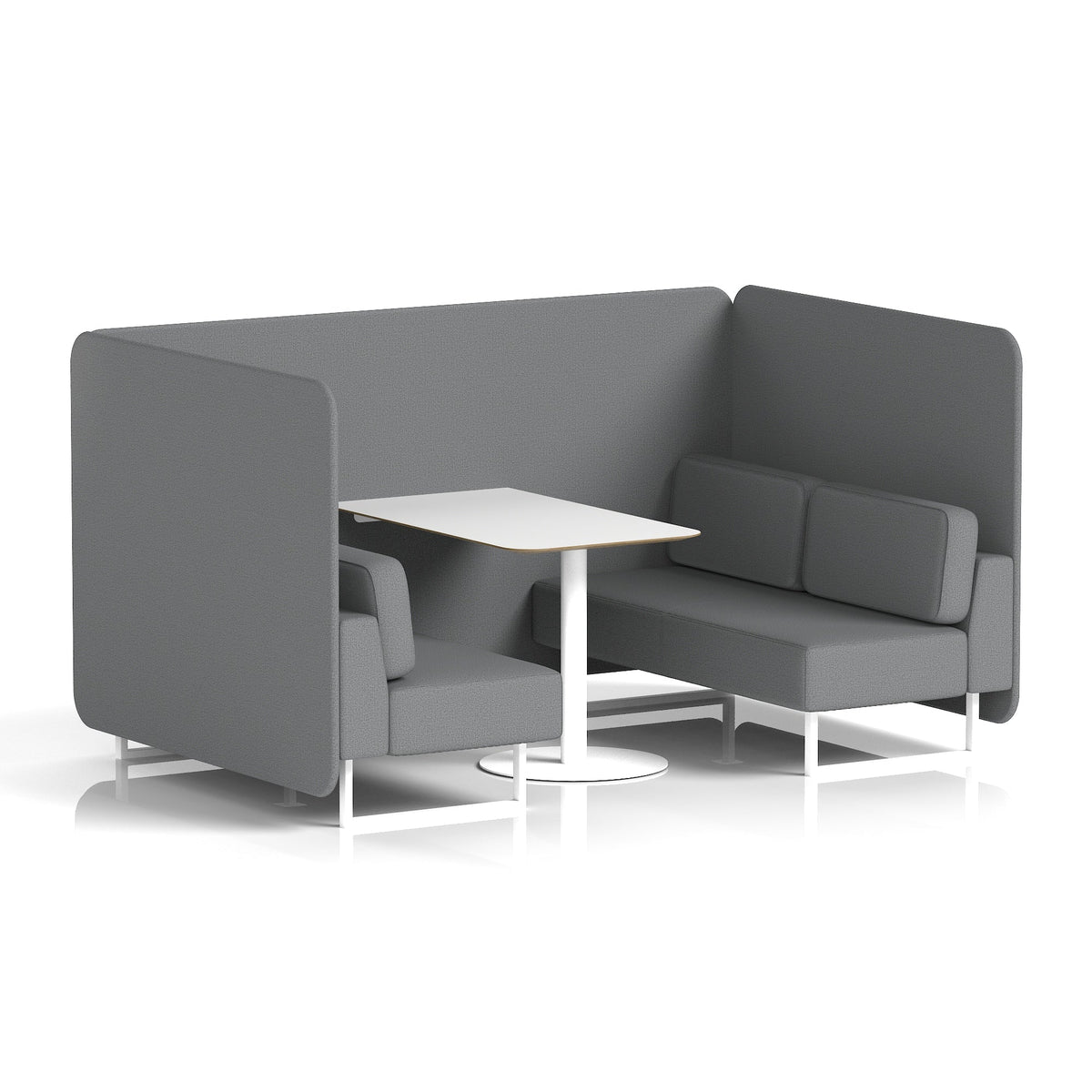 Commercial 4 Seater Privacy Booth – Bench with White Table – Single Tone – Crib 5 Synergy - Partner Panels And Sofa White - Industrious Decor