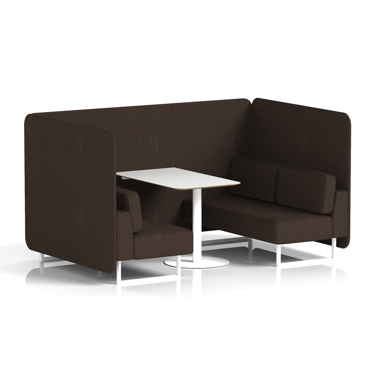 Commercial 4 Seater Privacy Booth – Bench with White Table – Single Tone – Crib 5 Synergy - Wed Panels And Sofa White - Industrious Decor